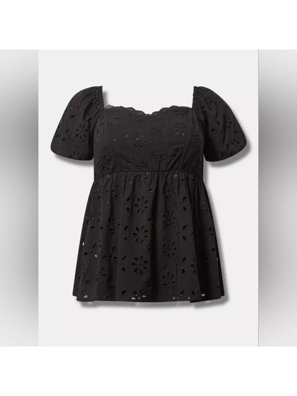 NWT TORRID Babydoll Eyelet Challis Black Short Sleeve Blouse Size 1X 14-16 - Picture 2 of 16